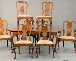 Ten piece Queen Anne style walnut and burl walnut dining set including eight chairs, a table with one 12 inch leaf, and small server...