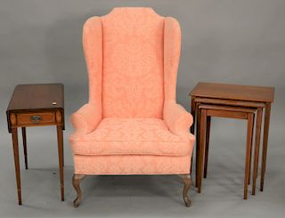 Group lot to include nest of tables (ht. 26 1/4 in.), drop leaf table, and wing chair.