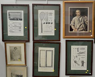 Nineteen framed pieces to include fox hunt, printed maps, engravings, set of six Paul Merie prints, and two mirrors. sight size 6" x...