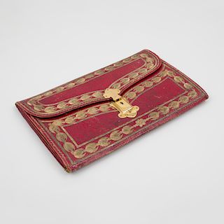 Turkish Gilt-Metal-Mounted and Embroidered Red Leather Clutch