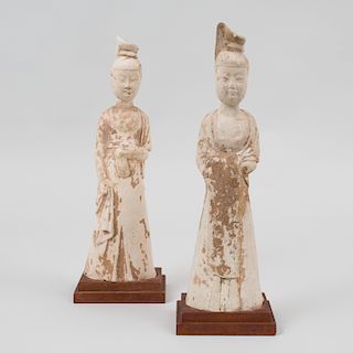A Pair of Chinese Painted Pottery Figures of Court Ladies