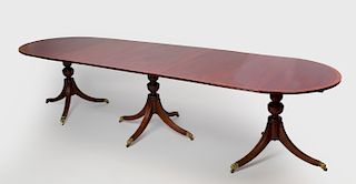 George III Style Inlaid Mahogany Triple Pedestal Dining Table