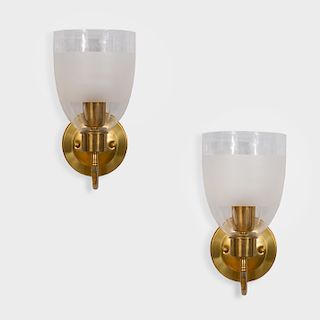 Pair of Brass and Frosted Glass Sconces