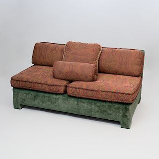 Green Velvet Upholstered Banquette with Paisley Pattern Cushions