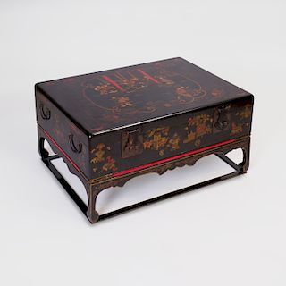 Chinese Black Lacquer and Parcel-Gilt Chest on Low Stand