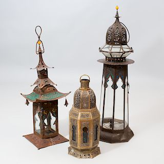 Three Moorish Style Metal and Glass Lanterns