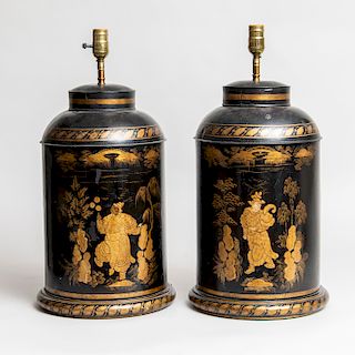 Pair of Chinoiserie Tôle Peinte Tea Canisters, Mounted as Lamps