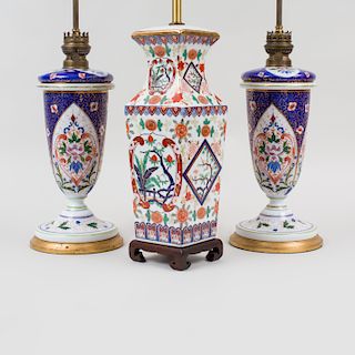 Pair of Continental Painted and Parcel-Gilt Opaline Glass Vases and Covers, Mounted as a Lamp