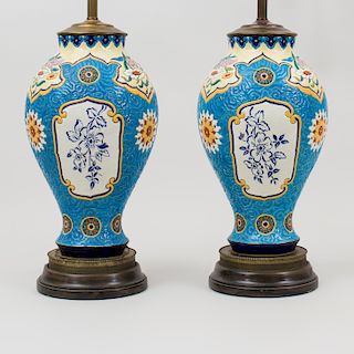 Pair of Longwy Style Porcelain Vases, Mounted as Lamps