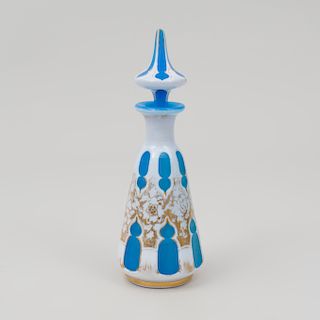Gilt-Decorated Blue and White Cased Glass Scent Bottle and Stopper