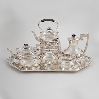 English Silver Six Piece Tea and Coffee Service and a Gorham Silver Plate Two-Handled Tray