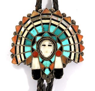 Zuni Mosaic Inlay Chief's Head Bolo Tie