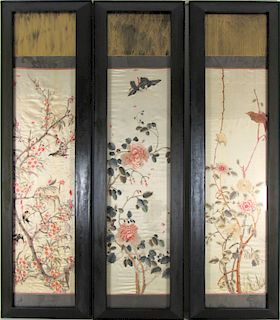 Set of Three Bird and Flower Silk Embroideries.
