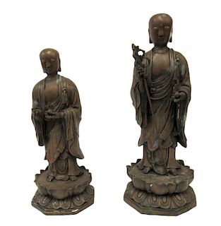 Pair of Bronze Chan Buddhist Monks.