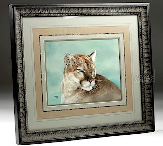 Framed 20th C. RING Watercolor Painting of Puma