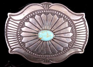 Signed Navajo Royston Turquoise Silver Belt Buckle
