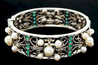 14K Gold Emeralds & Pearls Hinged Bracelet