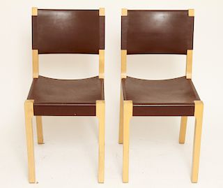 Modern "Pelto" Birch & Leather Dining Chairs Pr