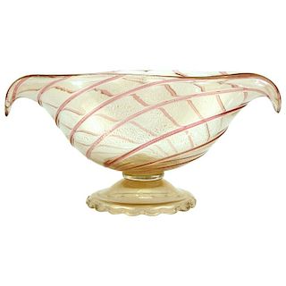 Murano Glass Bowl Vase Pink Swirl w Gold Flake