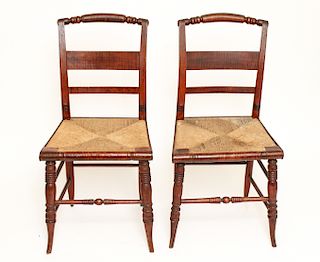 American Primitive Tiger Maple & Rush Chairs, Pair