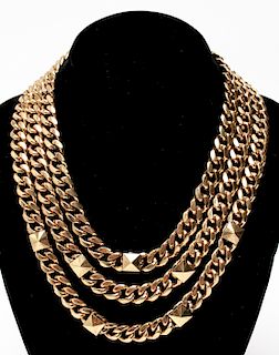 Gold-Tone 3 Strand Linked Necklace Pyramid Motifs
