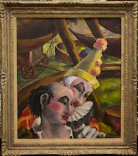 Jeanne Stewart "Circus Scene" Clowns Oil on Canvas