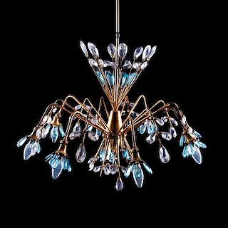 Lámpara de techo. Siglo XX.Estructura de metal dorado con aplicaciones de bronce. Para 8 luces. Diseño floral.Con cristales facetados.