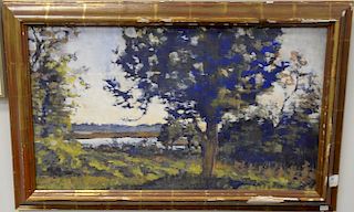 Landscape with tree and pond, oil painting, unsigned. 30" x 19"
