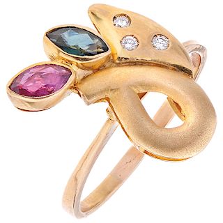 A ruby, tourmaline and diamond 14K yellow gold ring.