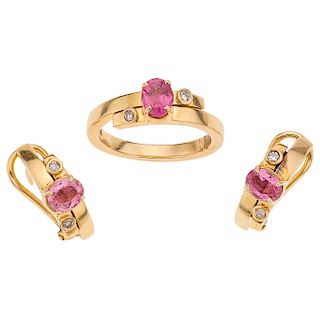 A quartz and diamond 14K yellow gold ring and pair of earrings set.