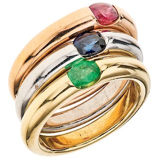 Three ruby, sapphire and emerald 18K rose, white and yellow gold rings.