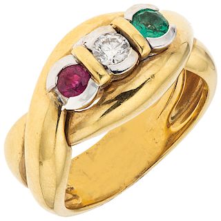 An emerald, diamond and ruby 18K yellow gold ring.