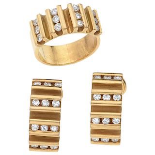 A diamond 18K yellow gold ring and pair of earrings set.