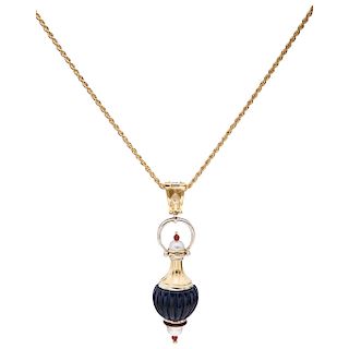 A lapis lazuli, cornelian and half-pearl 18K yellow and white gold necklace and perfume bottle pendant.