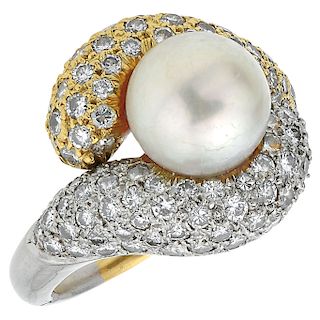 A cultured pearl and diamond platinum and 18K yellow gold ring.