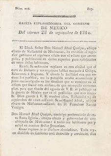 Gazeta Extraordinaria del Gobierno de México... Gazeta sobre el Edicto de la Excomunión de Miguel Hidalgo. México, 1810.
