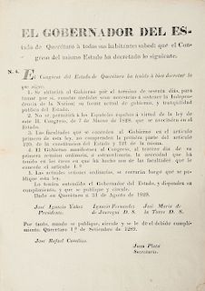 Canalizo, José Rafael - Plata, Juan. Decreto sobre Medidas para Mantener la Soberanía Nacional. Querétaro, 1829. 30.7 x 21.4 cm.