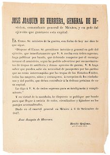 Herrera, José Joaquín de. Orden Suprema. Considerando una Invasión a la Ciudad de México por E. U. A. México, septiembre 6 de 1847.