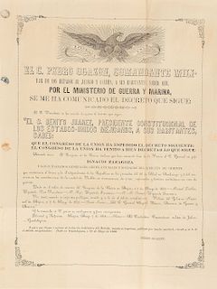 Juárez, Benito - Ogazón, Pedro. Decreto por el que se Declaran Héroes a Ignacio Zaragoza y al Ejército de Oriente. Guadalajara, 1862.