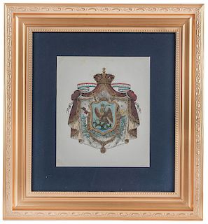 Litografía de Decaen. Gran Escudo del Segundo Imperio Mexicano de 1864 a 1867. Grabado coloreado. Enmarcado.