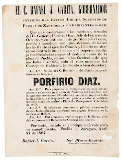 García, Rafael José - Bautista, José María. Decreto sobre Declaración de Benemérito del Estado al General Porfirio Díaz. Puebla, 1867.