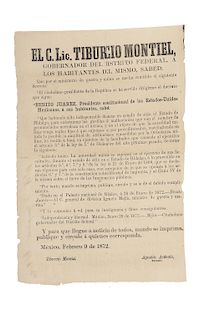 Juárez, Benito - Montiel, Tiburcio - Arévalo, Agustín. Decreto para Exterminar Gavillas de Malhechores. México, 1872. 32.4 x 21.5 cm.