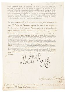 Yo El Rey (Carlos IV). "V. M. confiere la Compañía de Dragones Provinciales de la Villa de Cadereyta a Pedro de Herrera Leyva.... 1799.