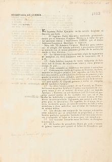 Decreto Sentando las Bases del Ejército para el Nuevo País. Suscriben: Vicente Guerrero, Mariano Michelena, Miguel Domínguez... 1823
