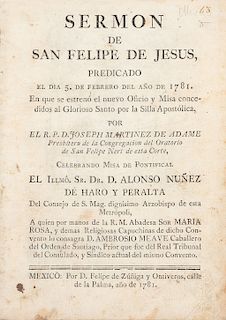 Martínez de Adame, Joseph. Sermón de San Felipe de Jesús Predicado el día 5 de Febrero del año 1781. México, 1781. Grabado.