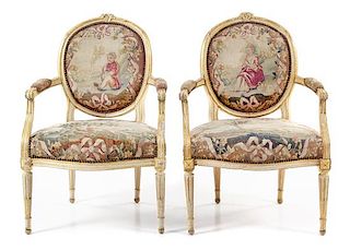 * A Pair of Louis XV Painted Fauteuils Height 36 1/2 inches.