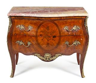 * A Louis XV Style Gilt Bronze Mounted Marquetry Commode Height 35 x width 39 1/2 x depth 20 inches.