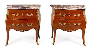 * A Pair of Louis XV Style Gilt Bronze Mounted Parquetry Commodes Height 33 1/2 x width 33 1/4 x depth 16 1/2 inches.