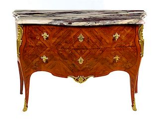 A Louis XV Gilt Bronze Mounted Marquetry Commode Height 33 1/2 x width 48 1/2 x depth 19 3/4 inches.