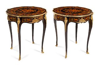 A Pair of Louis XV Style Gilt Bronze Mounted Marquetry Tables Height 30 inches.